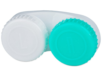 Зелено-бял контейнер за контактни лещи с маркировка 