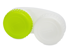 Зелено-бял контейнер за контактни лещи с маркировка 